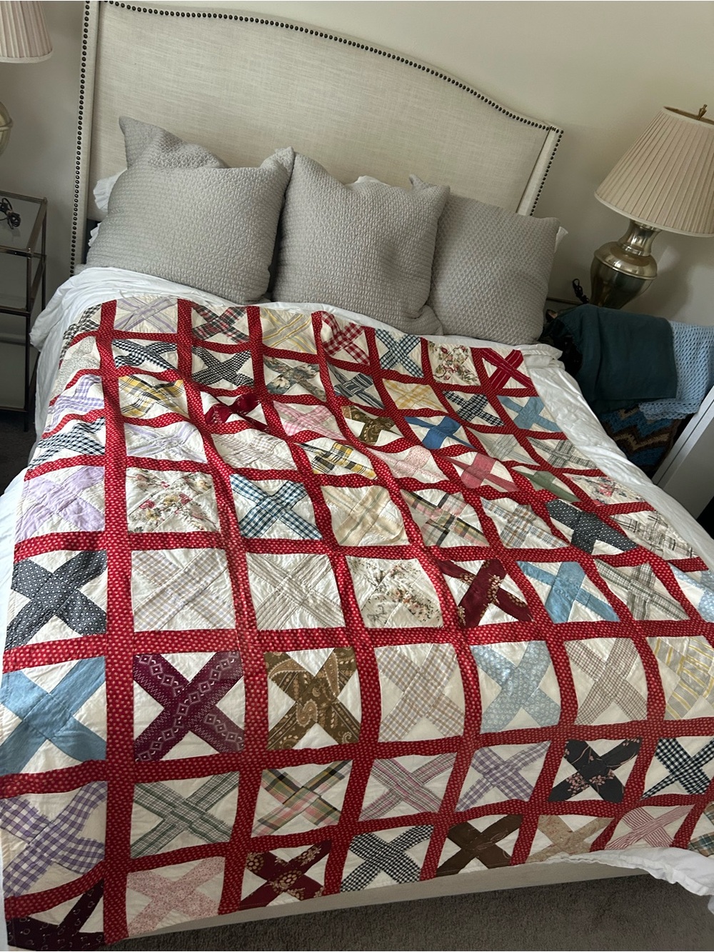 Vintage Red Grid X Patchwork Quilt - Multi Color